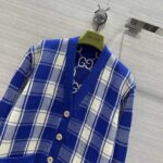 Gucci Women Reversible Checked Wool Cardigan V-Neck Dropped Shoulder Blue Ivory Maxi GG – Image 7