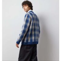 Gucci Men Reversible Checked Wool Cardigan V-Neck Dropped Shoulder Blue Ivory Maxi GG (1)