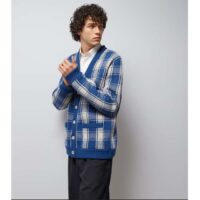 Gucci Men Reversible Checked Wool Cardigan V-Neck Dropped Shoulder Blue Ivory Maxi GG (1)