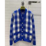Gucci Women Reversible Checked Wool Cardigan V-Neck Dropped Shoulder Blue Ivory Maxi GG – Image 3