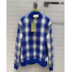 Gucci Women Reversible Checked Wool Cardigan V-Neck Dropped Shoulder Blue Ivory Maxi GG – Image 2