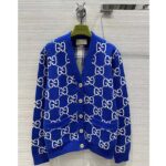 Gucci Women Reversible Checked Wool Cardigan V-Neck Dropped Shoulder Blue Ivory Maxi GG – Image 4