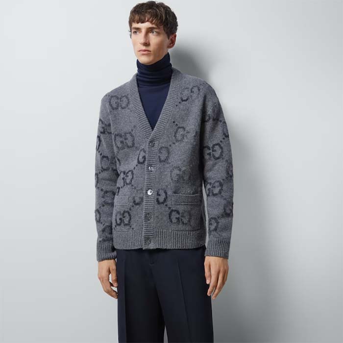Gucci Men Wool Cardigan GG Intarsia Grey Allover V-Neck Dropped Shoulder Long Sleeves Style ‎770507 XKDSJ 1128 (3)