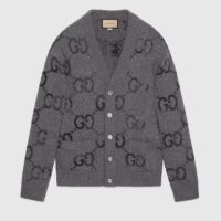 Gucci Men Wool Cardigan GG Intarsia Grey Allover V-Neck Dropped Shoulder Long Sleeves Style ‎770507 XKDSJ 1128 (4)