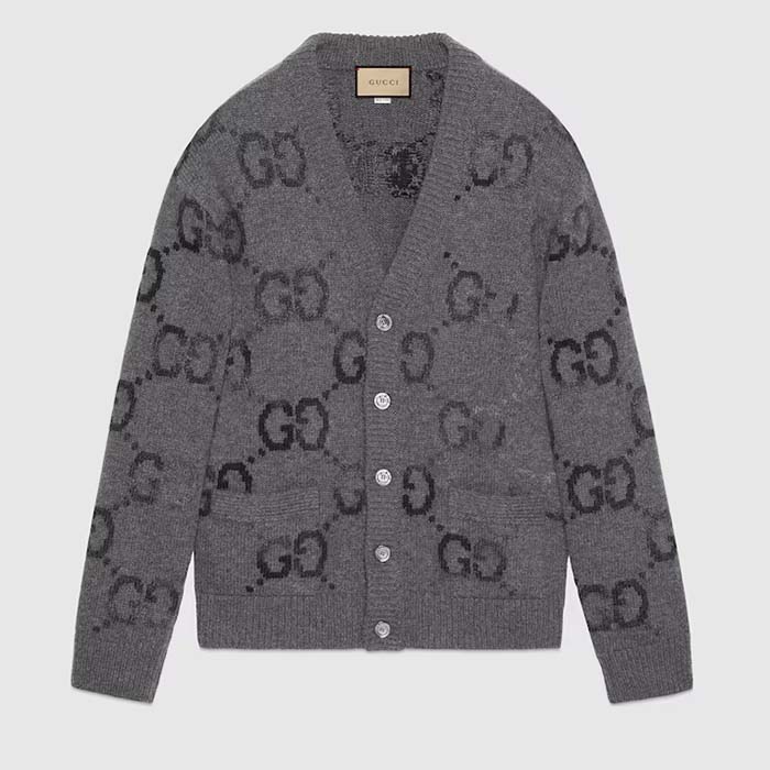Gucci Men Wool Cardigan GG Intarsia Grey Allover V-Neck Dropped Shoulder Long Sleeves Style ‎770507 XKDSJ 1128