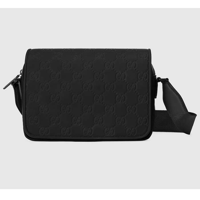 Gucci Unisex GG Crossbody Bag Black Rubber-Effect Leather Flap Zip Closure