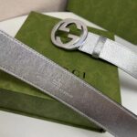 Gucci Unisex GG Interlocking G Buckle Wide Belt Silver Leather 4.6 CM Belt - Imagen 4
