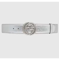 Gucci Unisex GG Interlocking G Buckle Wide Belt Silver Leather 4.6 CM Belt (4)