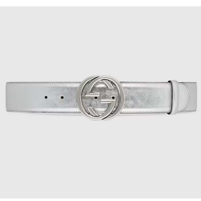 Gucci Unisex GG Interlocking G Buckle Wide Belt Silver Leather 4.6 CM Belt
