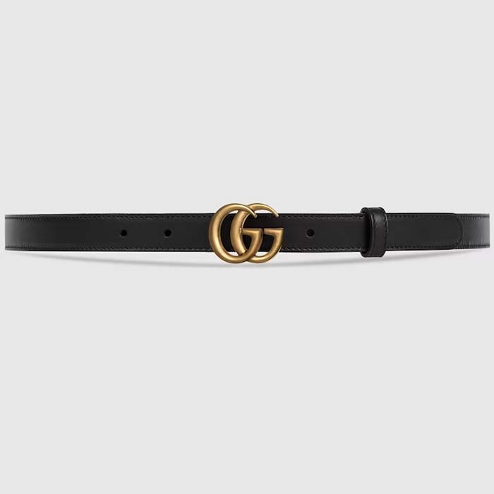 Gucci Unisex GG Leather Belt Double G Buckle Black Leather 2 CM Width
