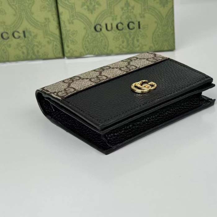 Gucci Unisex GG Marmont Card Case Wallet Double G Beige Ebony GG Supreme Canvas Black Leather Style ‎658610 17WAG 12 (3)