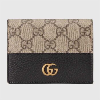 Gucci Unisex GG Marmont Card Case Wallet Double G Beige Ebony GG Supreme Canvas Black Leather Style ‎658610 17WAG 1283