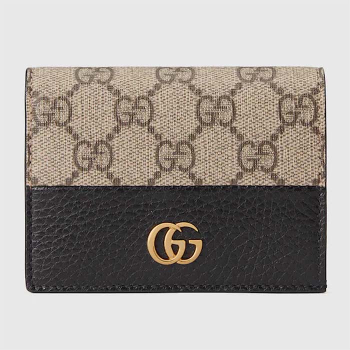 Gucci Unisex GG Marmont Card Case Wallet Double G Beige Ebony GG Supreme Canvas Black Leather Style ‎658610 17WAG 1283