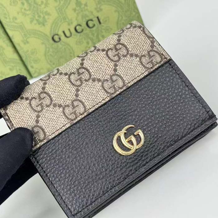 Gucci Unisex GG Marmont Card Case Wallet Double G Beige Ebony GG Supreme Canvas Black Leather Style ‎658610 17WAG 12 (5)