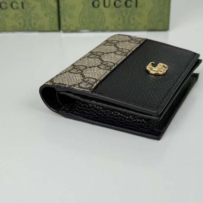 Gucci Unisex GG Marmont Card Case Wallet Double G Beige Ebony GG Supreme Canvas Black Leather Style ‎658610 17WAG 12 (7)