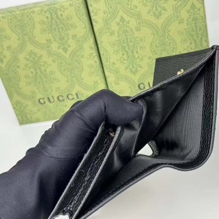 Gucci Unisex GG Marmont Card Case Wallet Double G Beige Ebony GG Supreme Canvas Black Leather Style ‎658610 17WAG 12