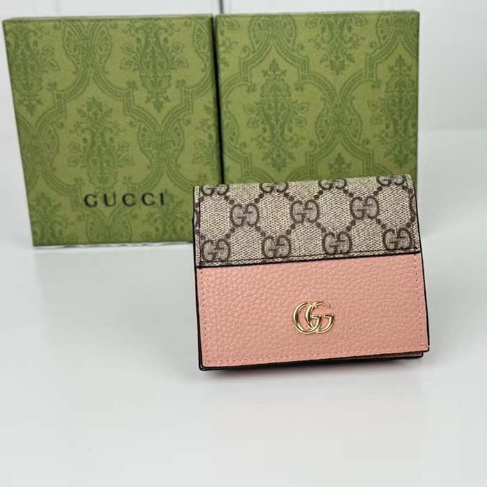 Gucci Unisex GG Marmont Card Case Wallet Double G Beige Ebony GG Supreme Canvas Pink Leather Style ‎658610 17WA (4)