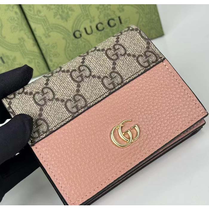 Gucci Unisex GG Marmont Card Case Wallet Double G Beige Ebony GG Supreme Canvas Pink Leather Style ‎658610 17WA (5)