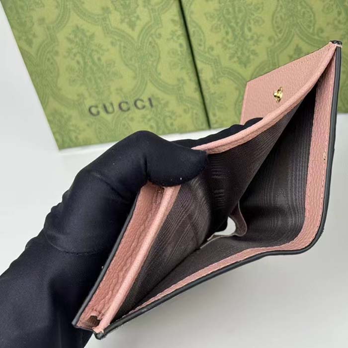 Gucci Unisex GG Marmont Card Case Wallet Double G Beige Ebony GG Supreme Canvas Pink Leather Style ‎658610 17WA