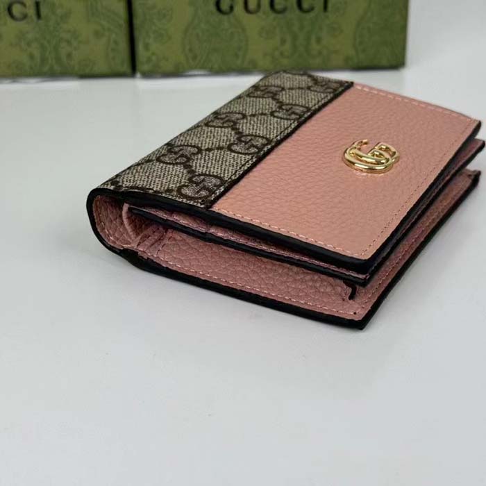 Gucci Unisex GG Marmont Card Case Wallet Double G Beige Ebony GG Supreme Canvas Pink Leather Style ‎658610 17WAG (1)
