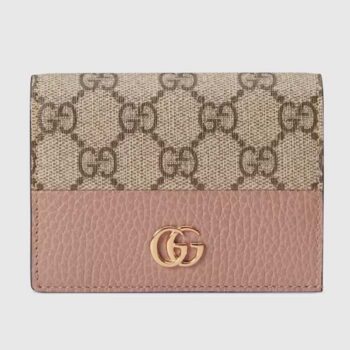 Gucci Unisex GG Marmont Card Case Wallet Double G Beige Ebony GG Supreme Canvas Pink Leather Style ‎658610 17WAG 5788
