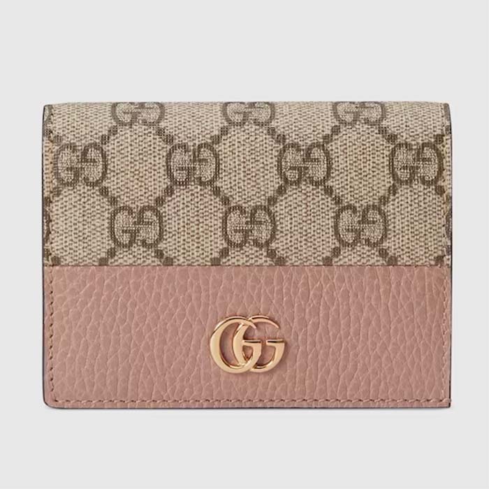 Gucci Unisex GG Marmont Card Case Wallet Double G Beige Ebony GG Supreme Canvas Pink Leather Style ‎658610 17WAG 5788