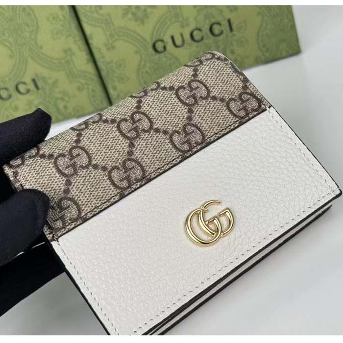 Gucci Unisex GG Marmont Card Case Wallet Double G Beige Ebony GG Supreme Canvas White Leather Style ‎658610 17WAG 90 (10)