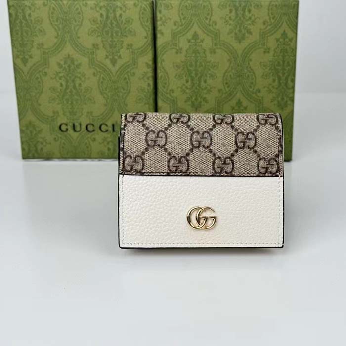 Gucci Unisex GG Marmont Card Case Wallet Double G Beige Ebony GG Supreme Canvas White Leather Style ‎658610 17WAG 90 (9)