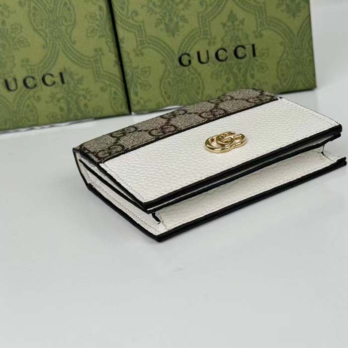 Gucci Unisex GG Marmont Card Case Wallet Double G Beige Ebony GG Supreme Canvas White Leather Style ‎658610 17WAG 90
