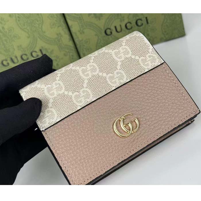 Gucci Unisex GG Marmont Card Case Wallet Double G Beige White GG Supreme Canvas Pink Leather Style ‎658610 AACFE 9543 (8)