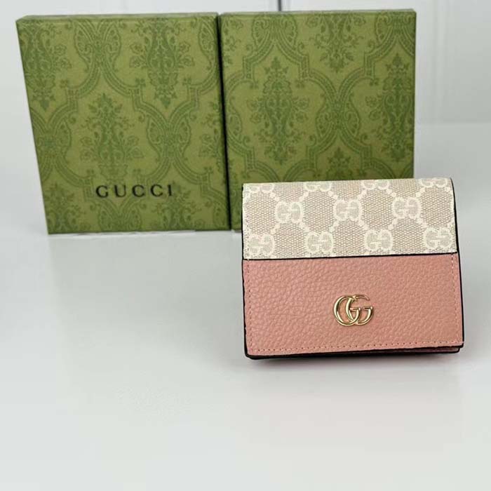 Gucci Unisex GG Marmont Card Case Wallet Double G Pink White GG Supreme Canvas Pink Leather Style ‎658610 AACFE 5945 ( (7)