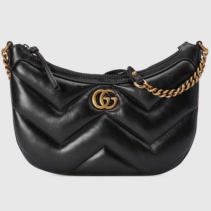 Gucci Unisex GG Marmont Small Shoulder Bag Black Matelassé Chevron Leather Double G