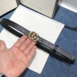 Gucci Unisex GG Leather Belt Double G Buckle Black Leather 2 CM Width - Image 2