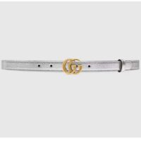 Gucci Unisex GG Marmont Thin Belt Silver Lamé Leather Double G Buckle 2 CM Width (11)