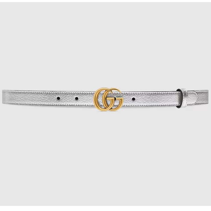Gucci Unisex GG Marmont Thin Belt Silver Lamé Leather Double G Buckle 2 CM Width