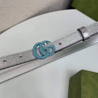 Gucci Unisex GG Marmont Thin Belt Silver Lamé Leather Double G Buckle 2 CM Width (11)