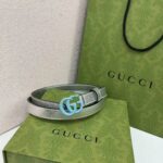 Gucci Unisex GG Marmont Thin Belt Silver Lamé Leather Double G Buckle 2 CM Width - Imagen 6
