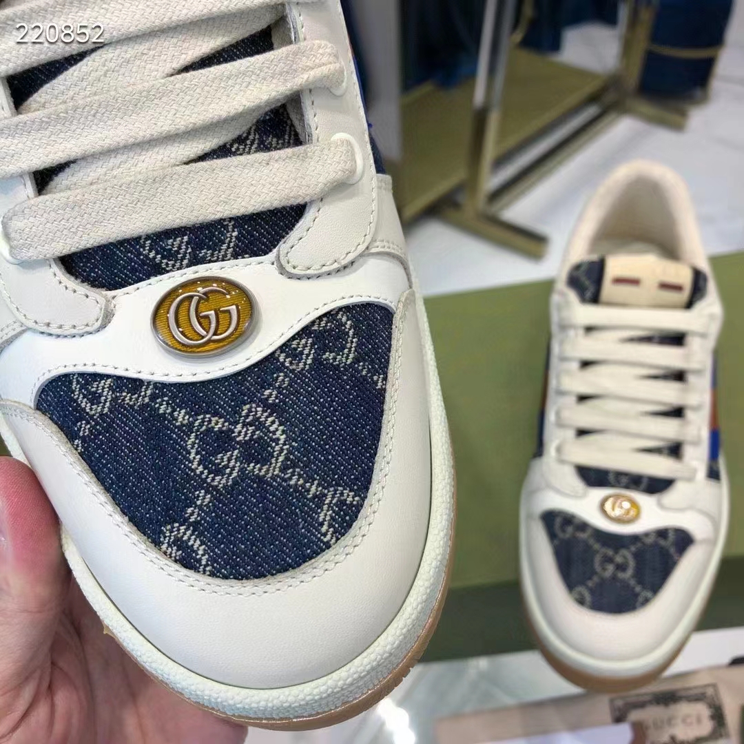 Gucci Unisex GG Screener Sneaker Blue Ivory Washed Organic Denim Bi-Color Rubber Low Heel Style ‎576223 2KQ40 4467 (2)