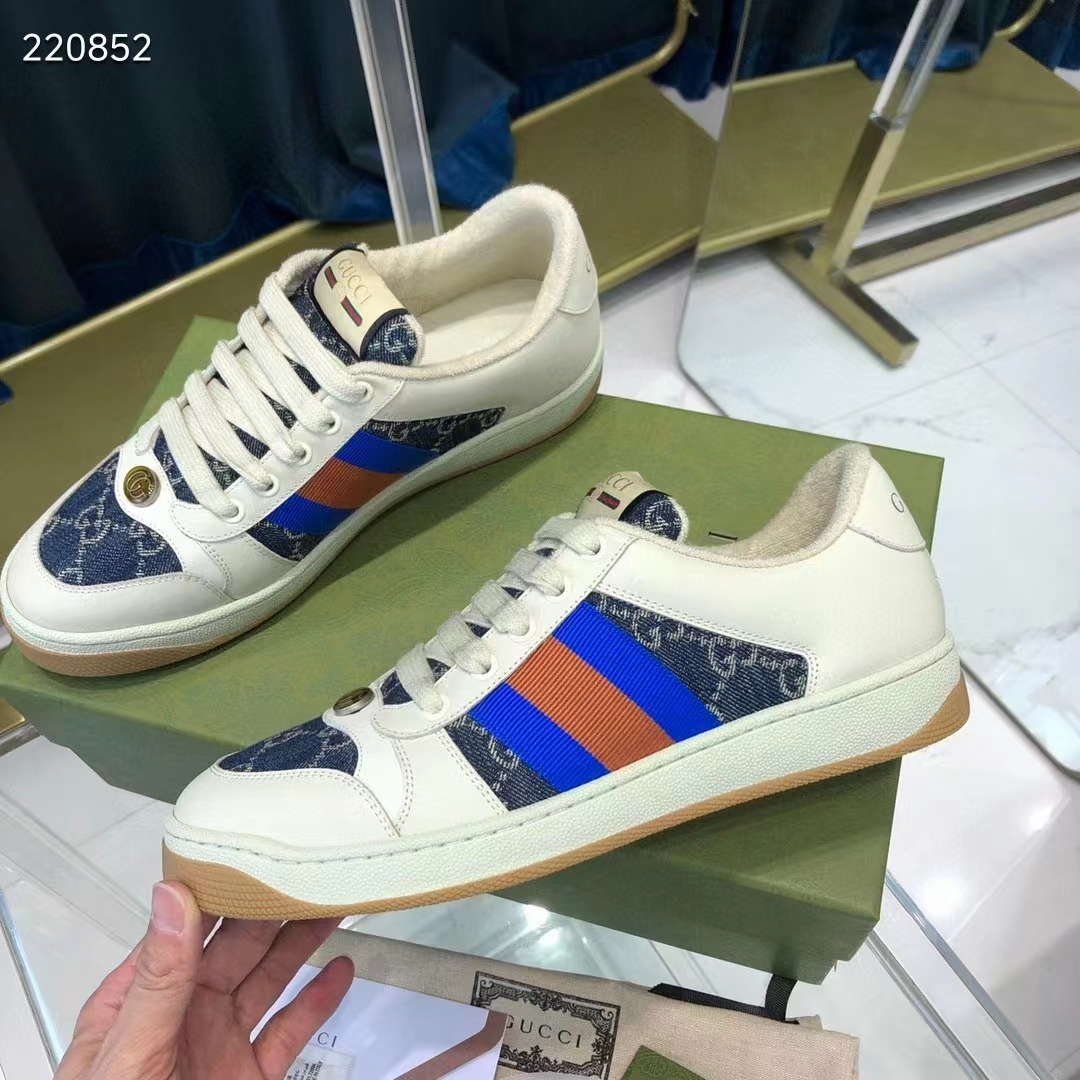 Gucci Unisex GG Screener Sneaker Blue Ivory Washed Organic Denim Bi-Color Rubber Low Heel Style ‎576223 2KQ40 4467 (7)