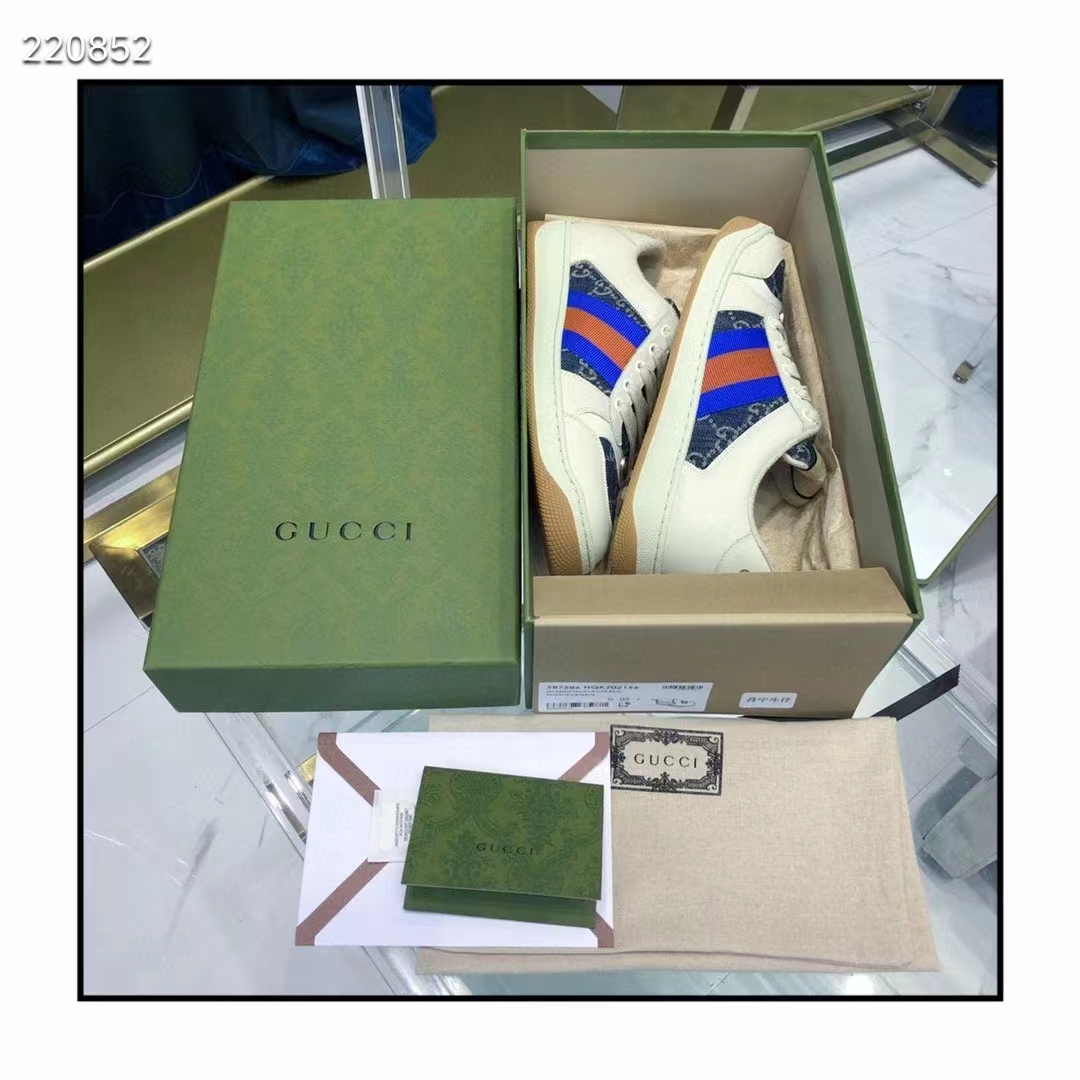 Gucci Unisex GG Screener Sneaker Blue Ivory Washed Organic Denim Bi-Color Rubber Low Heel Style ‎576223 2KQ40 4467 (8)