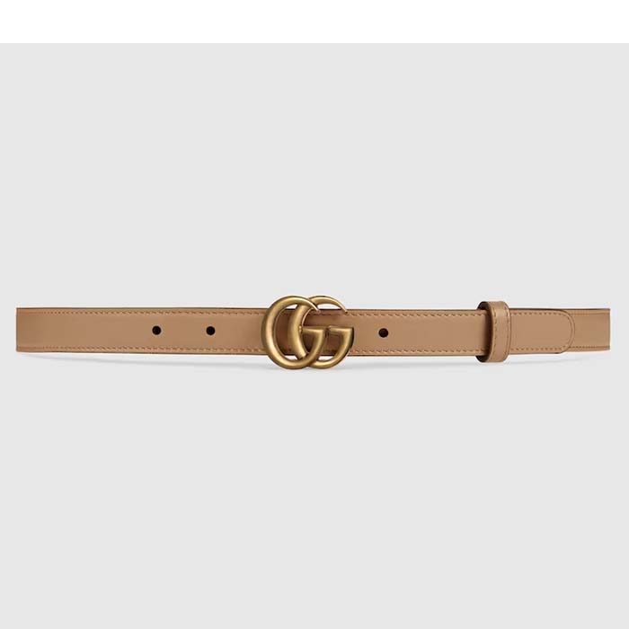 Gucci Unisex GG Thin Belt Double G Buckle Tan Leather 2 CM Width