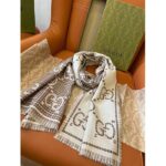 Gucci Unisex GG Wool Jacquard Scarf Ivory Beige Houndstooth Fringe Trim - immagine 5