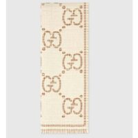 Gucci Unisex GG Wool Jacquard Scarf Ivory Beige Houndstooth Fringe Trim (3)