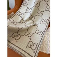 Gucci Unisex GG Wool Jacquard Scarf Ivory Beige Houndstooth Fringe Trim (3)