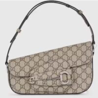 Gucci Unisex Gucci Horsebit 1955 Small Shoulder Bag Beige Ebony GG Supreme Canvas (8)