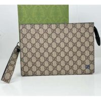 Gucci Unisex Pouch GG Detail Beige Ebony GG Supreme Canvas Blue Leather Style ‎768255 FACQC 9751 (4)