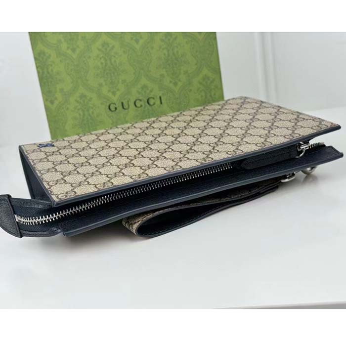 Gucci Unisex Pouch GG Detail Beige Ebony GG Supreme Canvas Blue Leather Style ‎768255 FACQC 9751 (6)