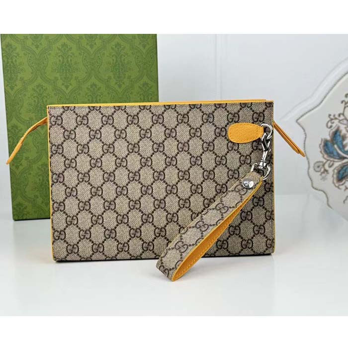 Gucci Unisex Pouch GG Detail Beige Ebony GG Supreme Canvas Yellow Leather Style ‎768255 FACQC 9750 (10)