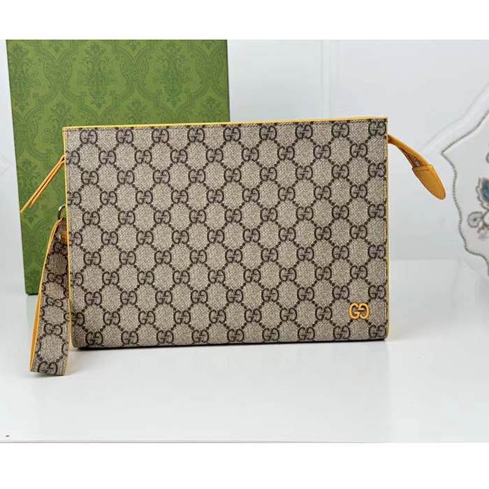 Gucci Unisex Pouch GG Detail Beige Ebony GG Supreme Canvas Yellow Leather Style ‎768255 FACQC 9750 (11)