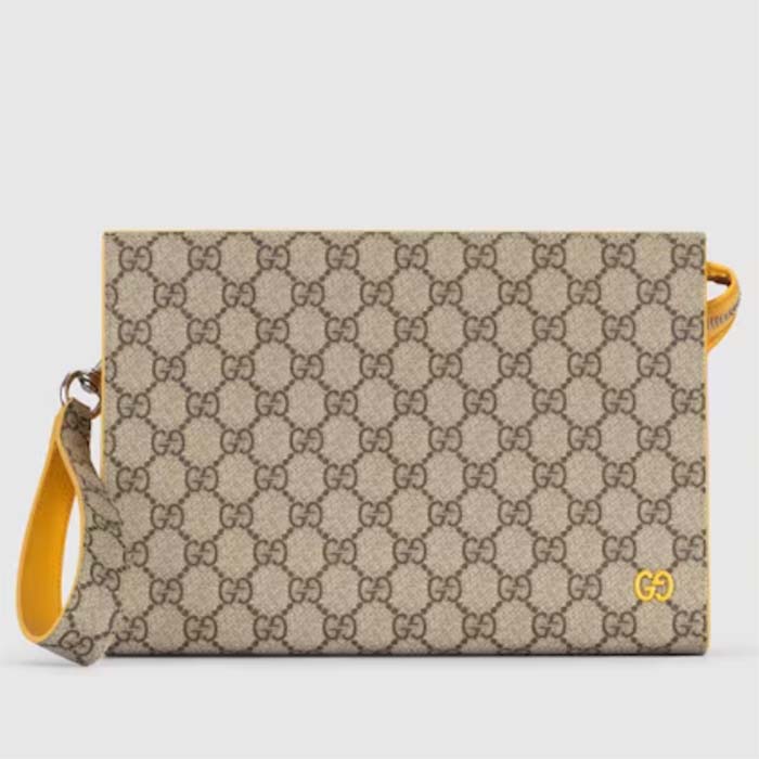 Gucci Unisex Pouch GG Detail Beige Ebony GG Supreme Canvas Yellow Leather Style ‎768255 FACQC 9750